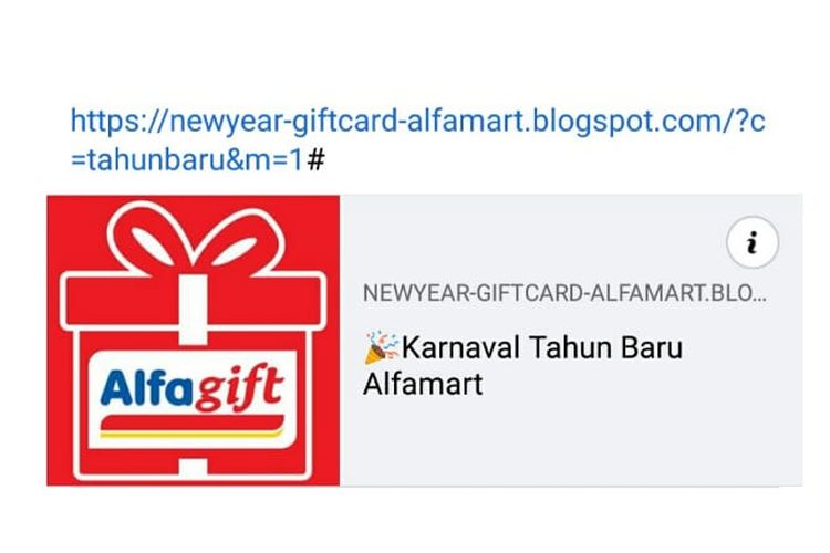 Status Facebook berisi link gift card mengatasnamakan Alfamart.