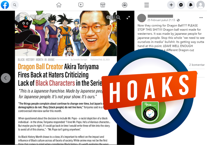 Tangkapan layar unggahan dengan narasi hoaks di sebuah akun Facebook, 25 Februari 2023, yang mengeklaim Akira Toriyama membalas kritik dari para pembencinya soal kurangnya karakter kulit hitam dalam serial kartun Dragon Ball.