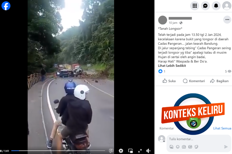 Tangkapan layar konten dengan konteks keliru di sebuah akun Facebook, yang mengabarkan bahwa Cadas Pangeran di Kabupaten Sumedang, Jawa Barat mengalami longsor pada Selasa (2/1/2024).