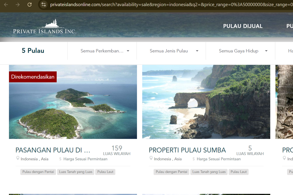 Situs jual beli pulau di Private Island Online yang menyertakan sejumlah pulau di Indonesia.