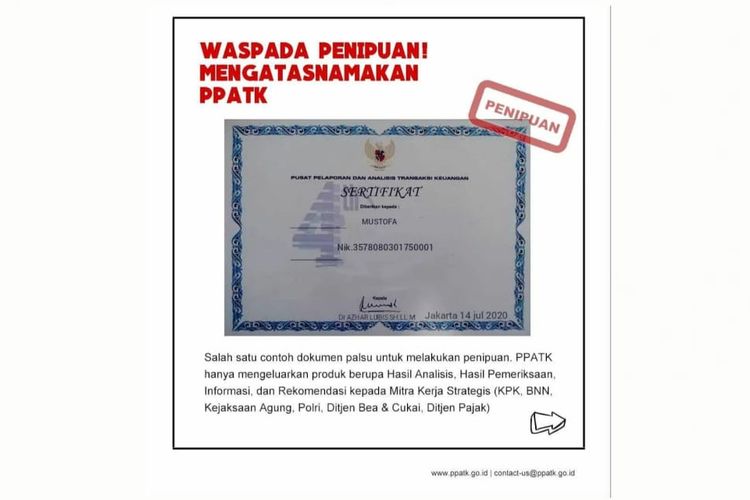 Sertifikat palsu mengatasnamakan PPATK.