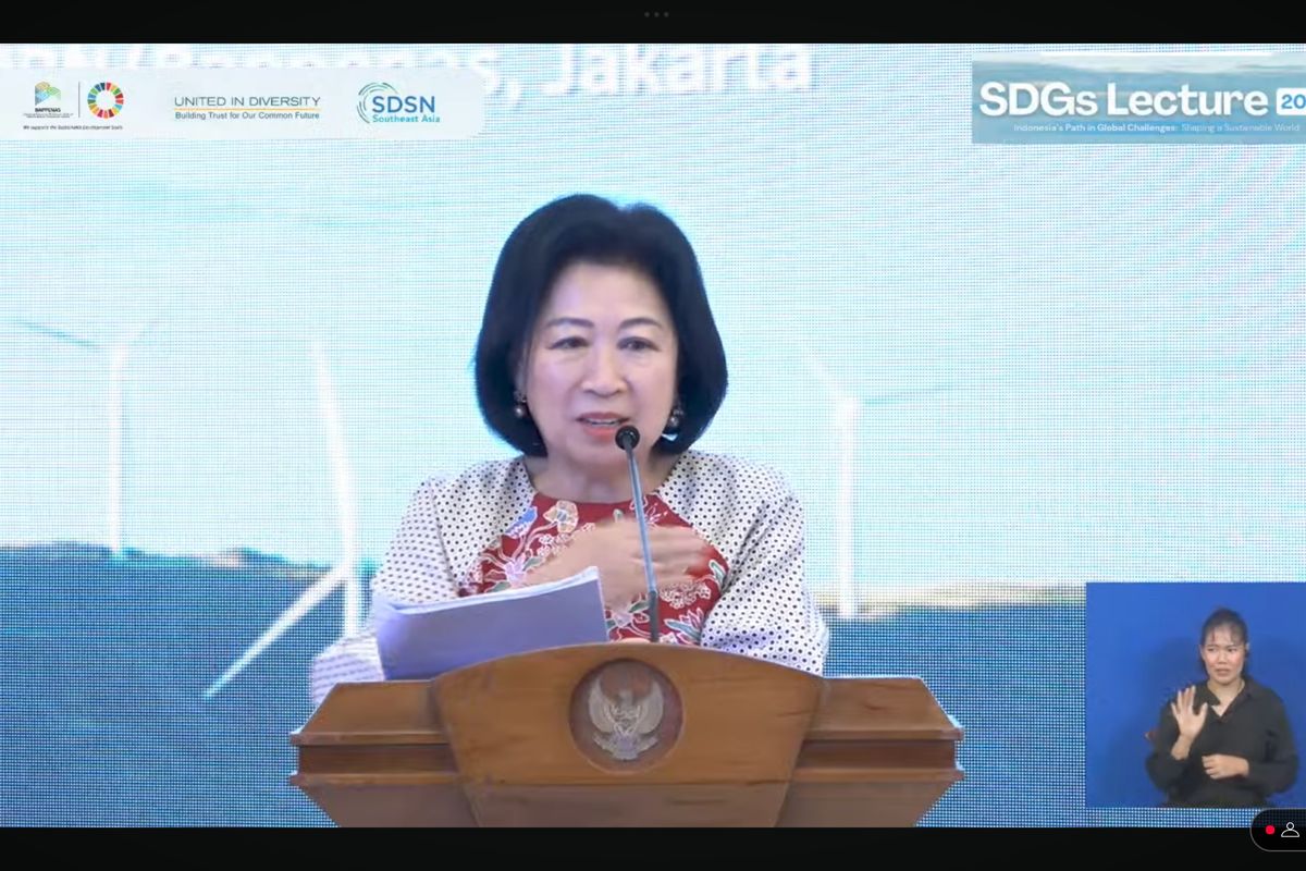 Tangkapan layar dari video yang menampilkan Wakil Ketua Dewan Ekonomi Nasional Mari Elka Pangestu SDGs Lecture yang digelar Badan Perencanaan Pembangunan Nasional (Bappenas), Jumat (17/1/2025).