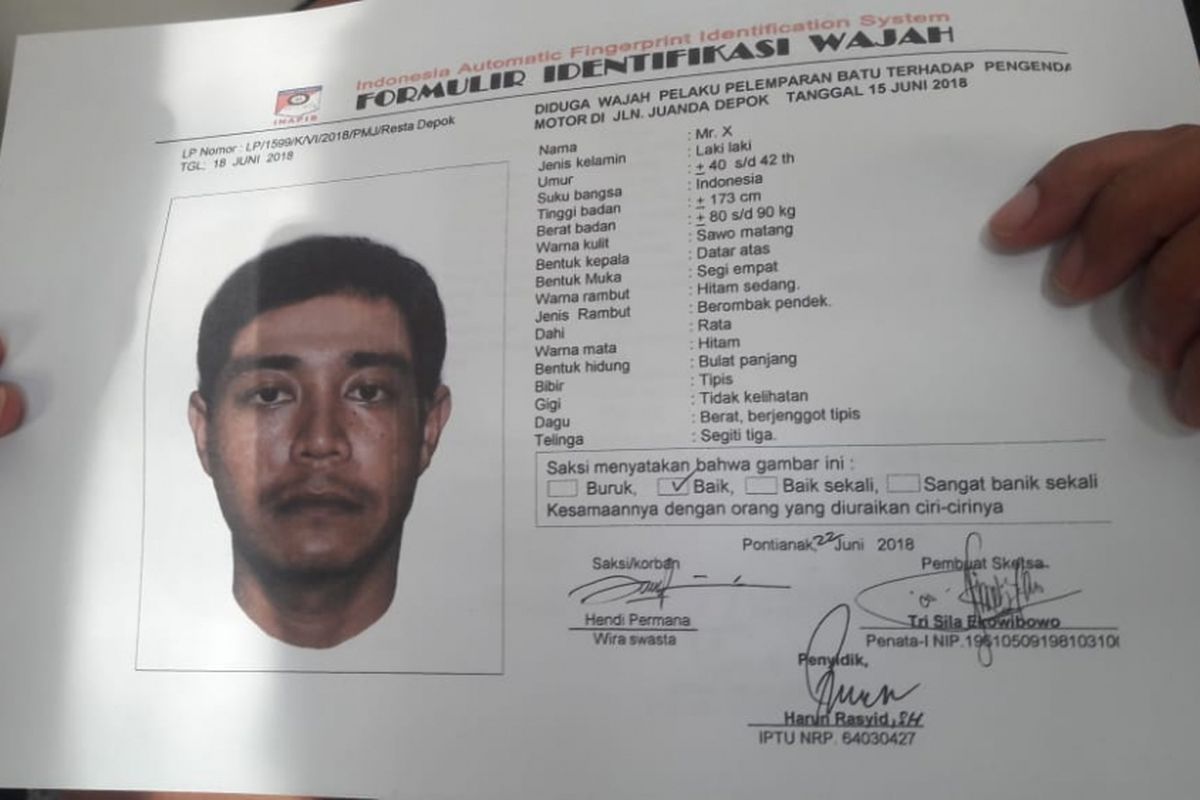 Sketsa wajah terduga pelaku pelemparan batu bocah di Depok. 