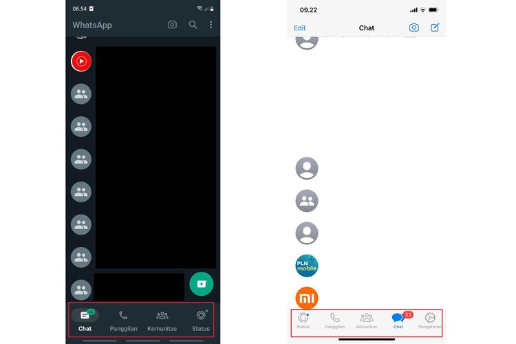 Tampilan letak menu WA di HP Android (kiri) dan iPhone (kanan) yang kini tampak mirip.