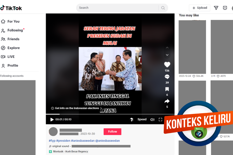 Tangkapan layar konten dengan konteks keliru di sebuah akun Facebook, 20 Oktober 2023, soal foto Anies serah terima jabatan presiden.