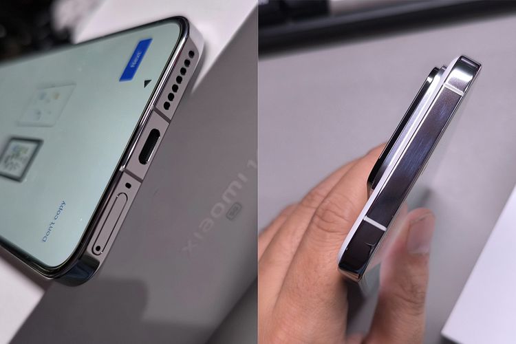 Bagian bawah Xiaomi 14 (foto kiri) memuat konektor USB C 3.2 Gen 1, loudspeaker pertama, dan laci SIM. Loudpseaker kedua menyatu dengan earpiece di bagian atas punch hole. Sisi atas ponsel ini hanya menampakkan dua cutout antena karena IR blaster dipindah ke modul kamera belakang. 