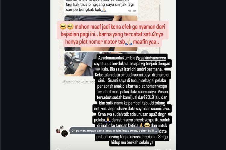 klarifikasi Zaskia Adya Mecca bahwa motor tersebut sudah pindah tangan ke pihak ketiga