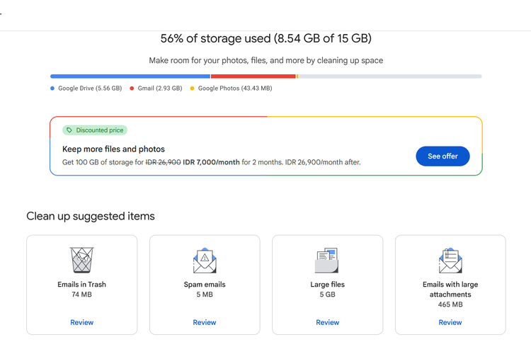 Ilustrasi cara mengatasi Google Drive penuh padahal kosong dengan menghapus data lain seperti e-mail Gmail dan foto Google Photos di Google One.