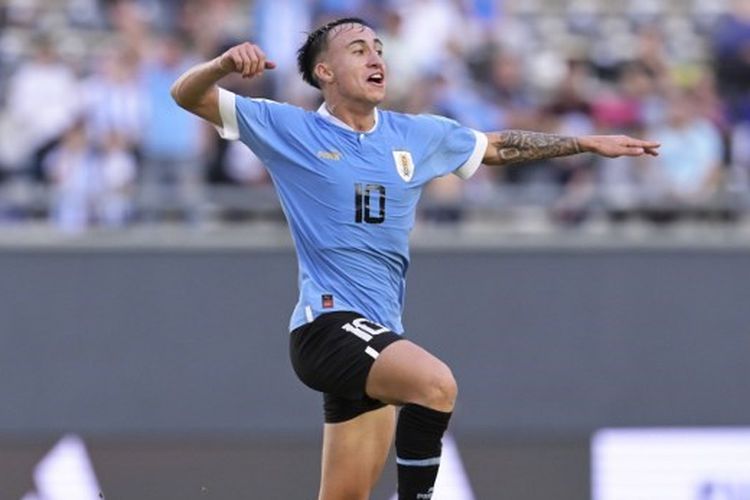 Gelandang timnas U20 Uruguay, Franco Gonzalez, merayakan kemenangan pada semifinal Piala Dunia U20 2023 kontra Israel, 8 Juni 2023. Setelah ini, Uruguay akan melawan Italia pada final Piala Dunia U20 2023, Senin (12/6/2023) dini hari WIB.