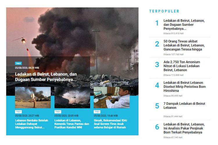 Berita populer Tren, 6 Agustus 2020, seputar ledakan di Beirut, Lebanon.