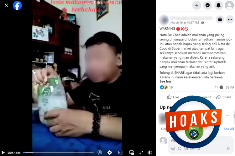 Tangkapan layar konten hoaks di sebuah akun Facebook, Sabtu (16/3/2024), soal nata de coco terbuat dari plastik.