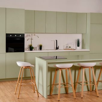 Ilustrasi dapur rustic dengan lemari berwarna hijau