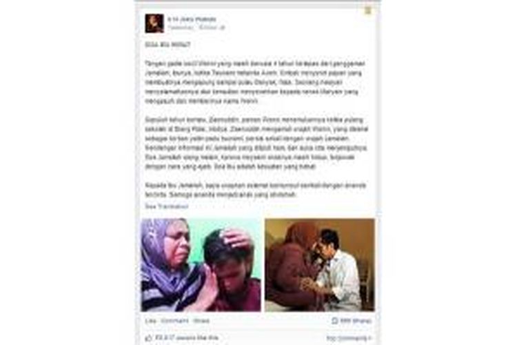 Ucapan presiden terpilih, Joko Widodo, kepada Jamaliah, ibu yang bertemu dengan putri kandungnya setelah terpisah selama 10 tahun karena bencana tsunami Aceh, seperti ditayangkan di akun Facebook resminya.