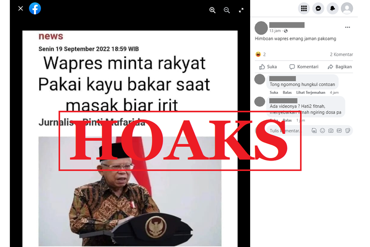 Tangkapan layar unggahan dengan narasi hoaks di sebuah akun Facebook, Rabu (21/9/2022), soal Ma'ruf Amin minta masyarakat memakai kayu bakar agar irit.