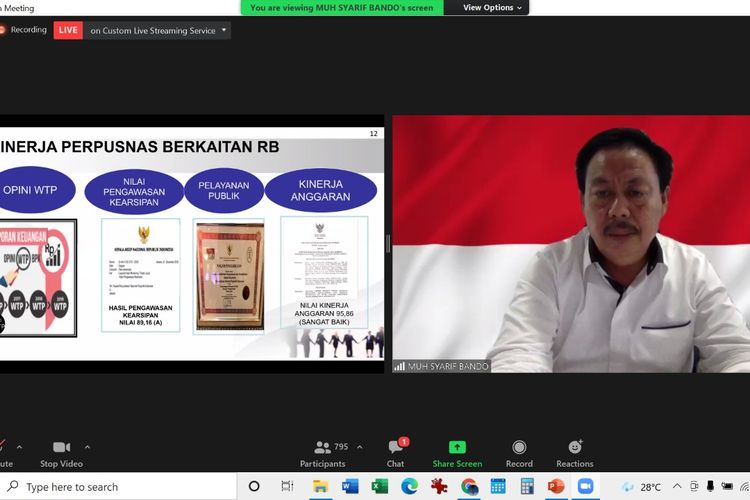 Kepala Perpustakaan Nasional, Muhammad Syarif Bundo dalam webinar ?Pelaksanaan Reformasi Birokrasi Guna Peningkatan Pelayanan Publik Perpustakaan Nasional? yang diselenggarakan secara virtual pada Kamis (5/8/2021).