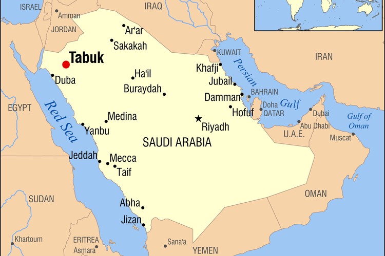 Peta wilayah Tabuk di utara Jazirah Arab, tempat terjadinya Perang Tabuk.