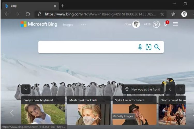 Logo terbaru Bing.com pada taskbar dengan rebranding Microsoft Bing di bagian sisi kiri atas halaman utama bing.com