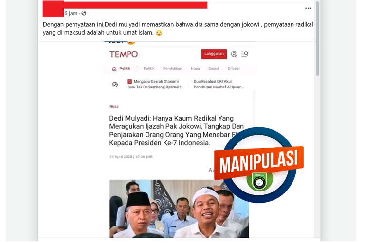 Tangkapan layar judul artikel Dedi Mulyadi menyebut orang yang meragukan ijazah Jokowi sebagai kaum radikal