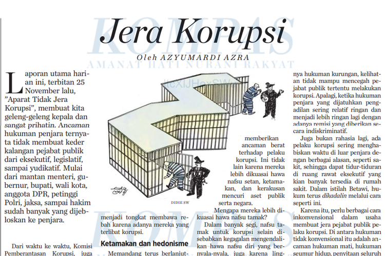 Tangkap layar tulisan Azyumardi di harian Kompas edisi 5 Desember 2011 berjudul Jera Korupsi.