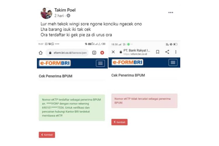 Tangkapan layar unggahan warganet yang mengaku sore hari sempat dinyatakan sebagai penerima bantuan UMKM, tetapi paginya berubah menjadi tidak terdaftar.