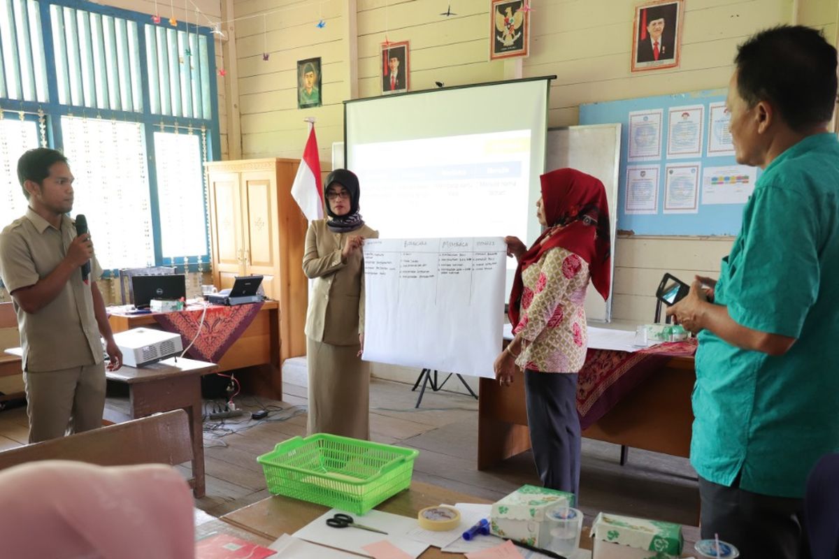 Guru-guru Gugus Teratai Tanjung Selor, Bulungan, mempresentasikan hasil analisis masalah pembelajaran dalam satu sesi pelatihan berbasis KKG.