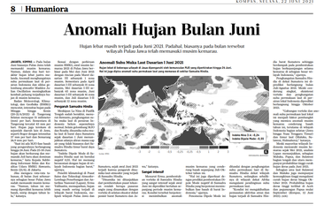 Tangkap layar artikel di harian Kompas edisi 22 Juni 2021 berjudul Anomali Hujan Bulan Juni.