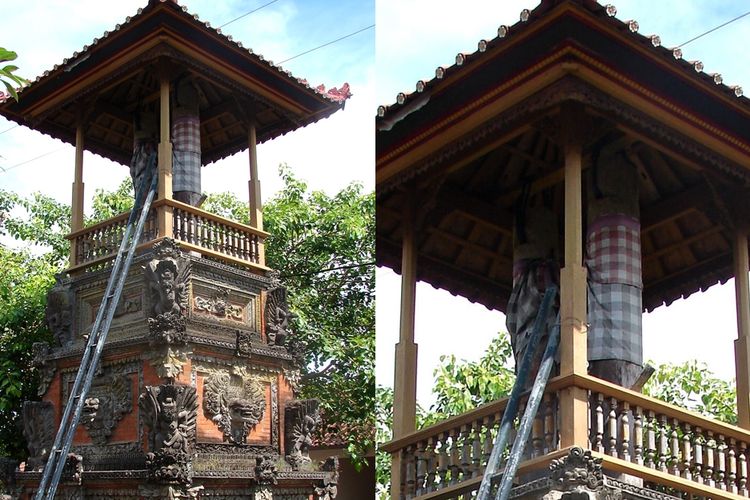 Kulkul yang ditempatkan di bagian paling atas Bale Kulkul di Bali.
