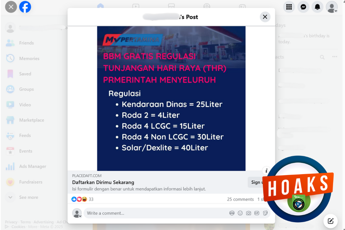 Tangkapan layar konten hoaks di sebuah akun Facebook, Sabtu (15/3/2025), menyebarkan tautan BBM gratis sebagai bentuk THR dari Pertamina.