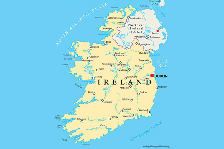 Ilustrasi peta Republik Irlandia dan Irlandia Utara.