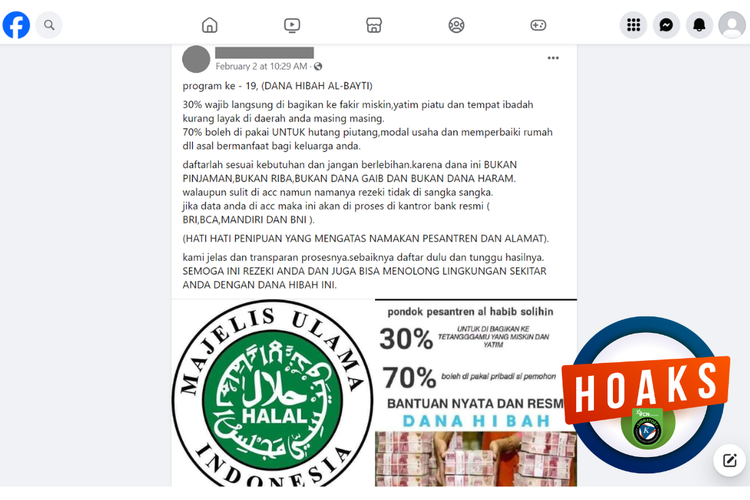 Tangkapan layar konten hoaks di sebuah akun Facebook, Jumat (2/2/2024), soal tawaran dana hibah dari yayasan Islam memakai logo MUI.