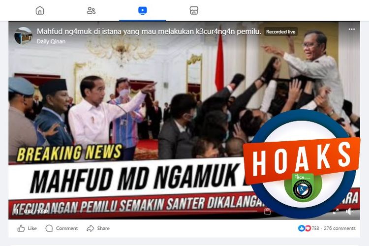 Tangkapan layar Facebook narasi yang menyebut Mahfud MD mengamuk di Istana Negara