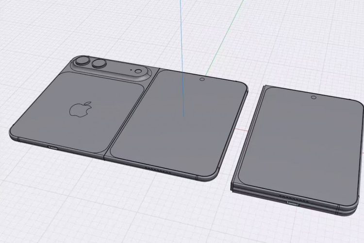 Tampilan iPhone Fold dalam kondisi setengah terbuka menampilkan layar dalam dengan punch hole di bagian atas, serta modul kamera belakang berbentuk memanjang.