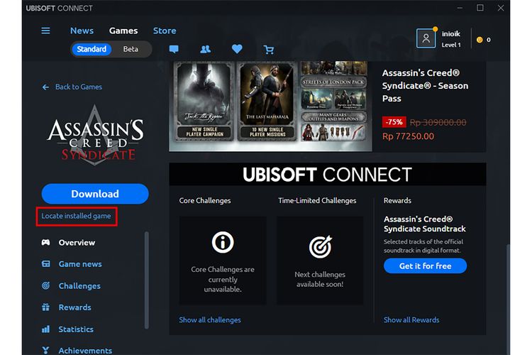 Setelah memindahkan folder game, pilih folder tersebut lewat opsi Locate installed game di launcher Ubisoft Connect