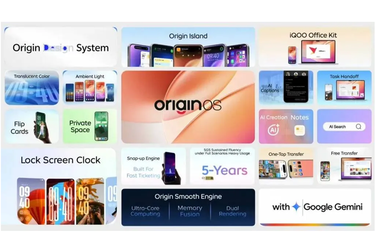 iQoo 15 menjalankan sistem operasi OriginOS 6 berbasis Android 16. Sub-brand Vivo ini menjanjikan 5 generasi upgrade Android OS dan 7 tahun update keamanan.
