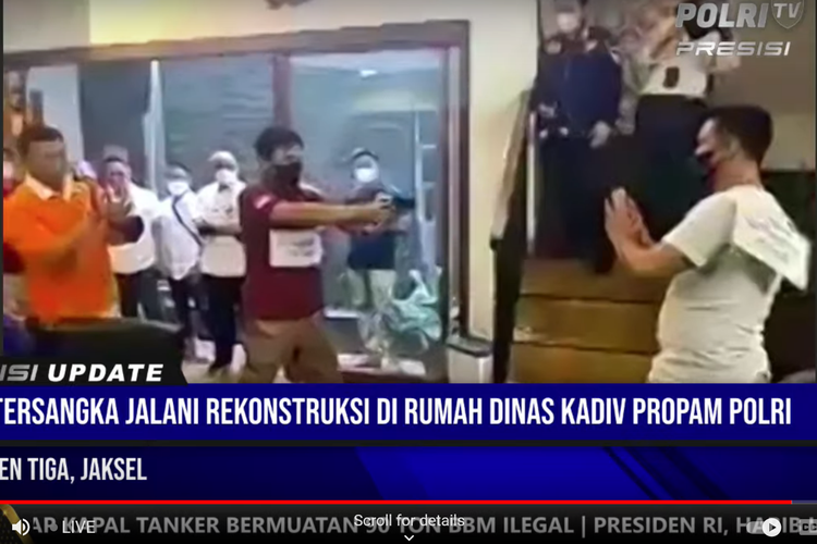 Rekonstruksi adegan penembakan Brigadir J oleh Bharada E yang didampingi Ferdy Sambo di rumah dinas kompleks Polri Duren Tiga, Selasa (30/8/2022).