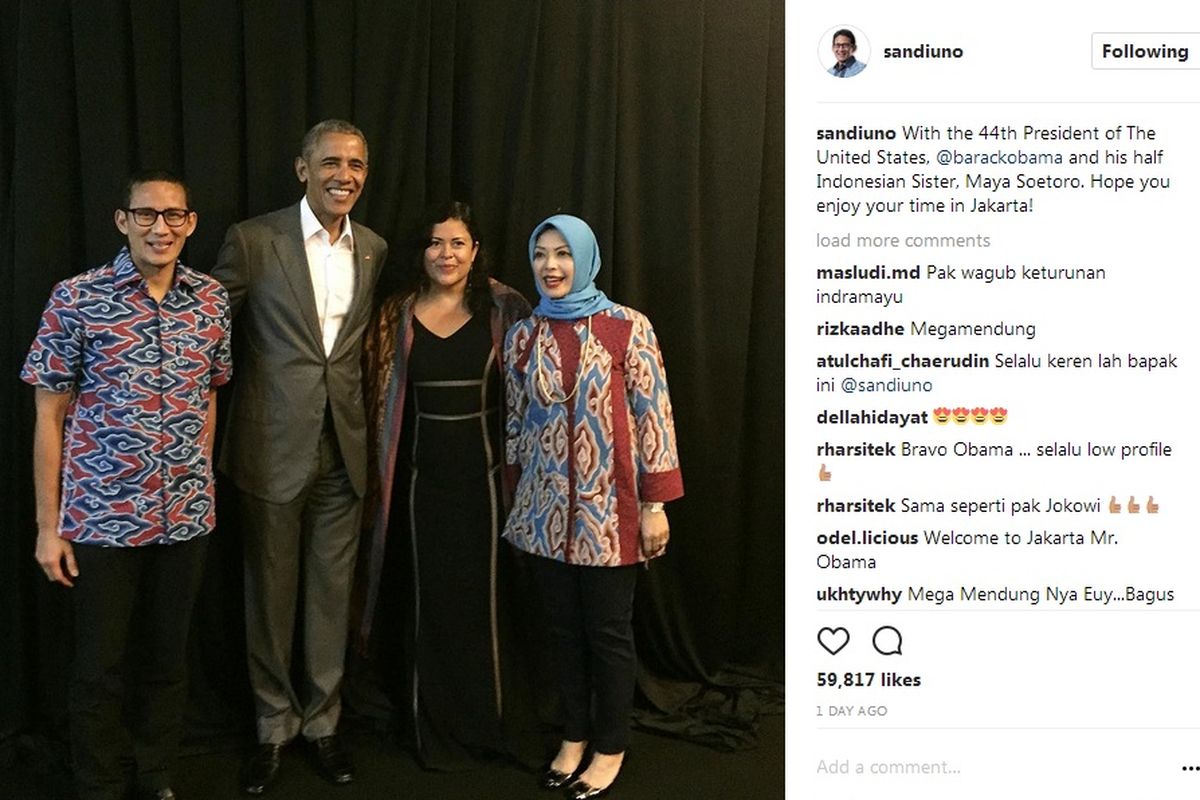 Melalui akun Instagram miliknya, wakil gubernur terpilih DKI Sandiaga Uno mengunggah foto bersama Presiden AS ke-44 Barack Obama.