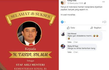 Tangkapan layar unggahan bingkai foto ucapan yang menampilkan foto Tasdi dituliskan diangkat sebagai staf ahli Menteri Sosial (Mensos) Tri Rismaharini.