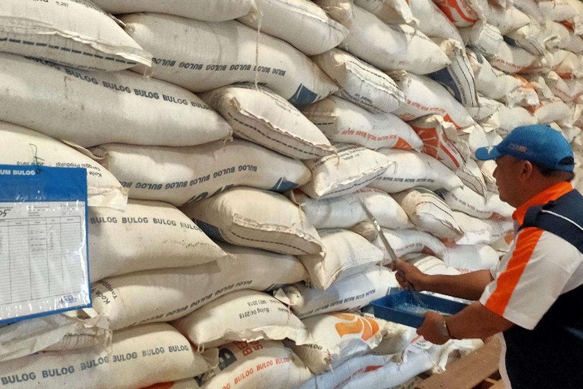Seorang pegawai mengecek kualitas beras yang tersimpan di Gudang Bulog Munjung Agung, Kabupaten Tegal, 23 Maret 2021. 