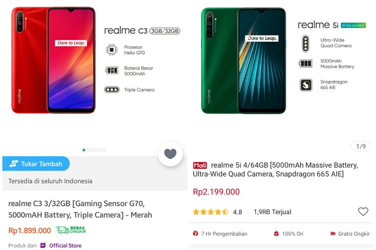 Harga terkini smartphone Realme C3 di Tokopedia (kiri) dan Realme 5i di Shopee (kanan).