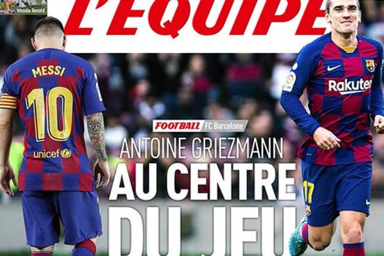 Headline media olahraga Perancis, LEquipe, yang menggambarkan Lionel Messi dan Antoine Griezmann. Tulisan di judul adalah: Antoine Griezmann, di pusat permainan.
