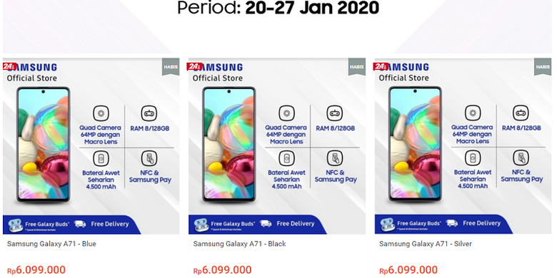 Tangkapan layar dari situs e-commerce Shopee yang menyatakan bahwa stok Galaxy A71 habis.