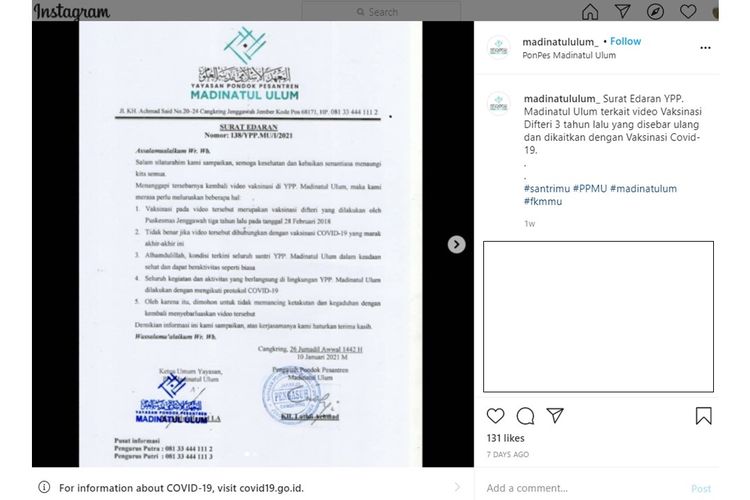 Tangkapan layar Surat Edaran YPP. Madinatul Ulum terkait video Vaksinasi Difteri 3 tahun lalu yang disebar ulang dan dikaitkan dengan Vaksinasi Covid-19.