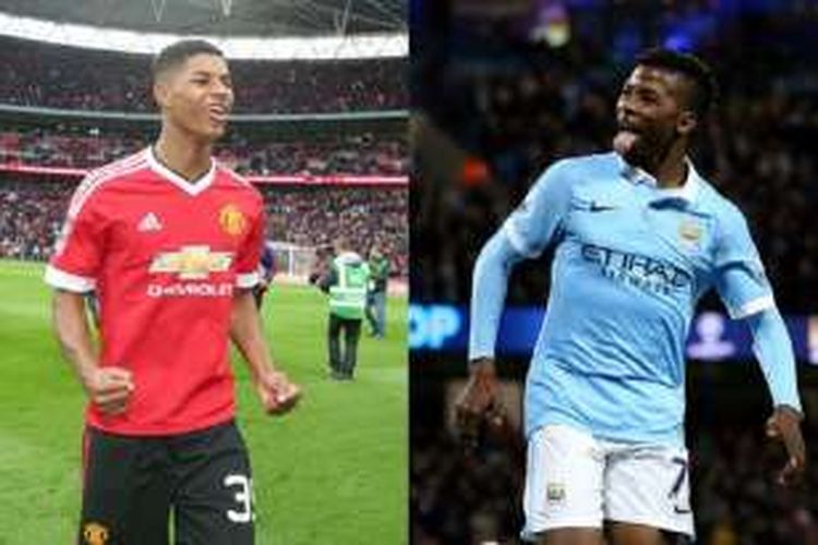 Penyerang Manchester City, Kelechi Iheanacho (kanan), kerap dibandingkan dengan striker Manchester United, Marcus Rashford.