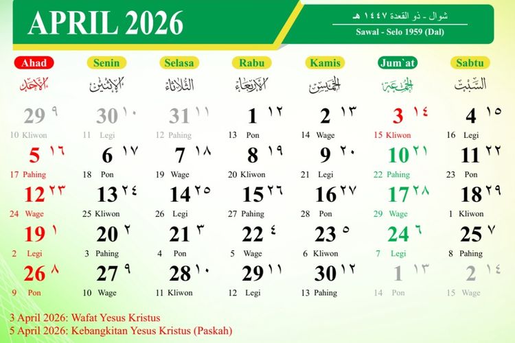 Kalender April 2026: Catat Jadwal Libur 3 Hari Long Weekend