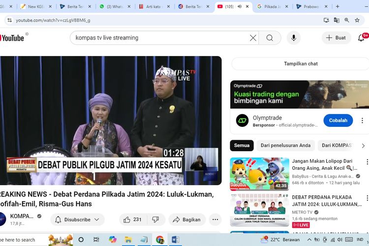 Pasangan calon gubernur dan wakil gubernur Jawa Timur nomor urut 1 Luluk Nur Hamidah - Lukmanul Hakim dalam debat publik perdana Pilkada Jatim, Jumat (18/10/2024)