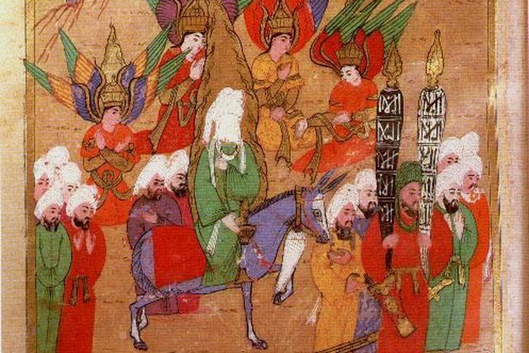 Ilustrasi Nabi Muhammad dalam perjalanannya bersama sahabat dan hadir pula para malaikat dari manuskrip era Kekaisaran Turki Ottoman.