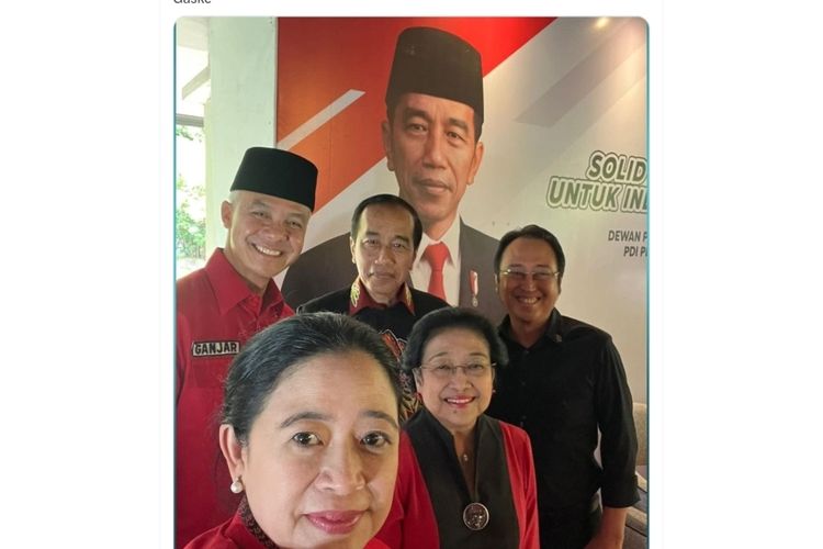 Screenshot Gibran Rakabuming Raka melalui akun Twitter resminya @gibran_tweet, yang memposting foto Ganjar Pranowo bersama Puan Maharani, Megawati Soekarnoputri, Prananda Prabowo, Presiden Joko Widodo (Jokowi)