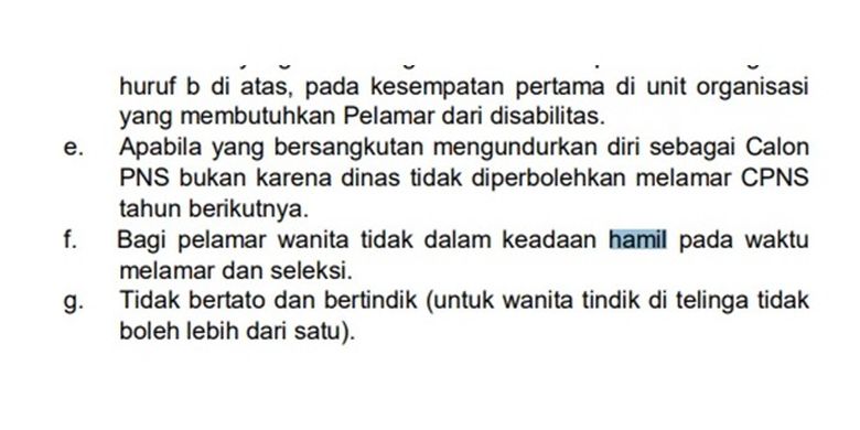 Tangkapan layar persyaratan CPNS 2019 Kementerian Perdagangan yang tidak memperbolehkan wanita hamil melamar dan mendaftar CPNS.