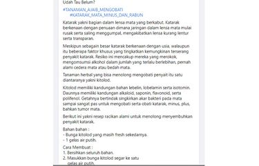 Unggahan hoaks yang menyebut bunga kitolod dapat mengobati katarak, mata minus, plus, dan tumor mata
