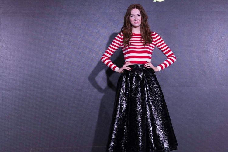 Aktris Karen Gillan menghadiri konferensi pers film Avengers: Infinity War di Marina Bay Sands, Singapura, Minggu (15/4/2018).